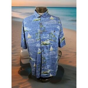 Havana Jacks Cafe Hawaiian Shirt Mens XL Blue Tropical Sailboat‎ Print Button Up